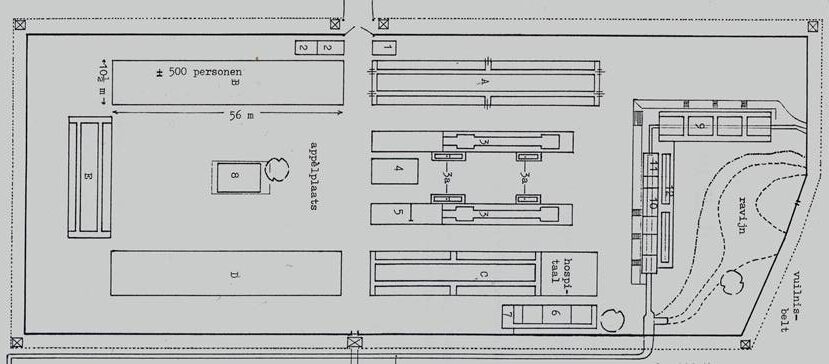 Plattegrond van het vrouwenkamp Bangkinang. Bij nummer 4 was de houthakplek.